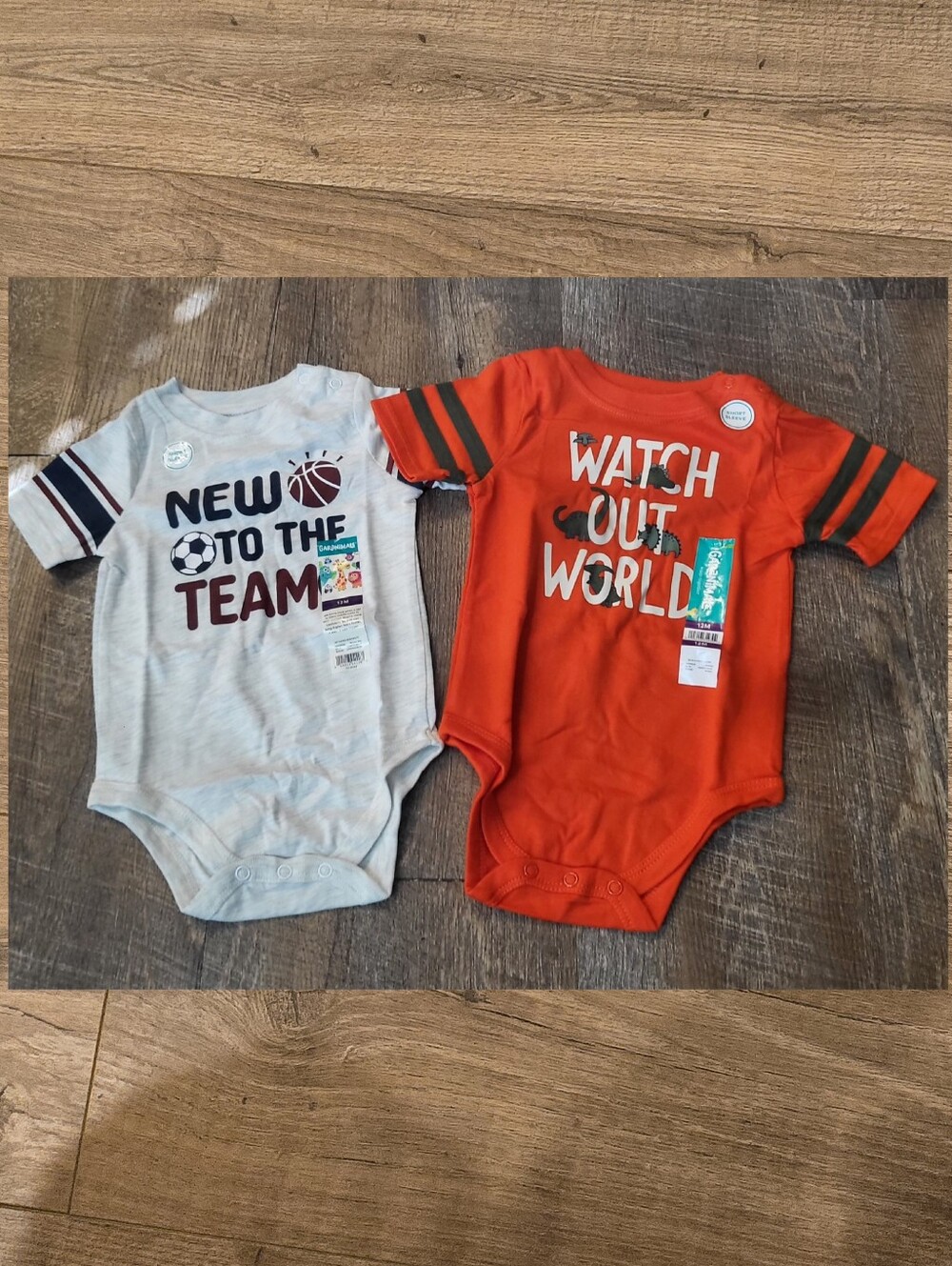 NWT Spring baby boy 2pc orange & gray onesie set size 12mos Dinosaurs & Sports
